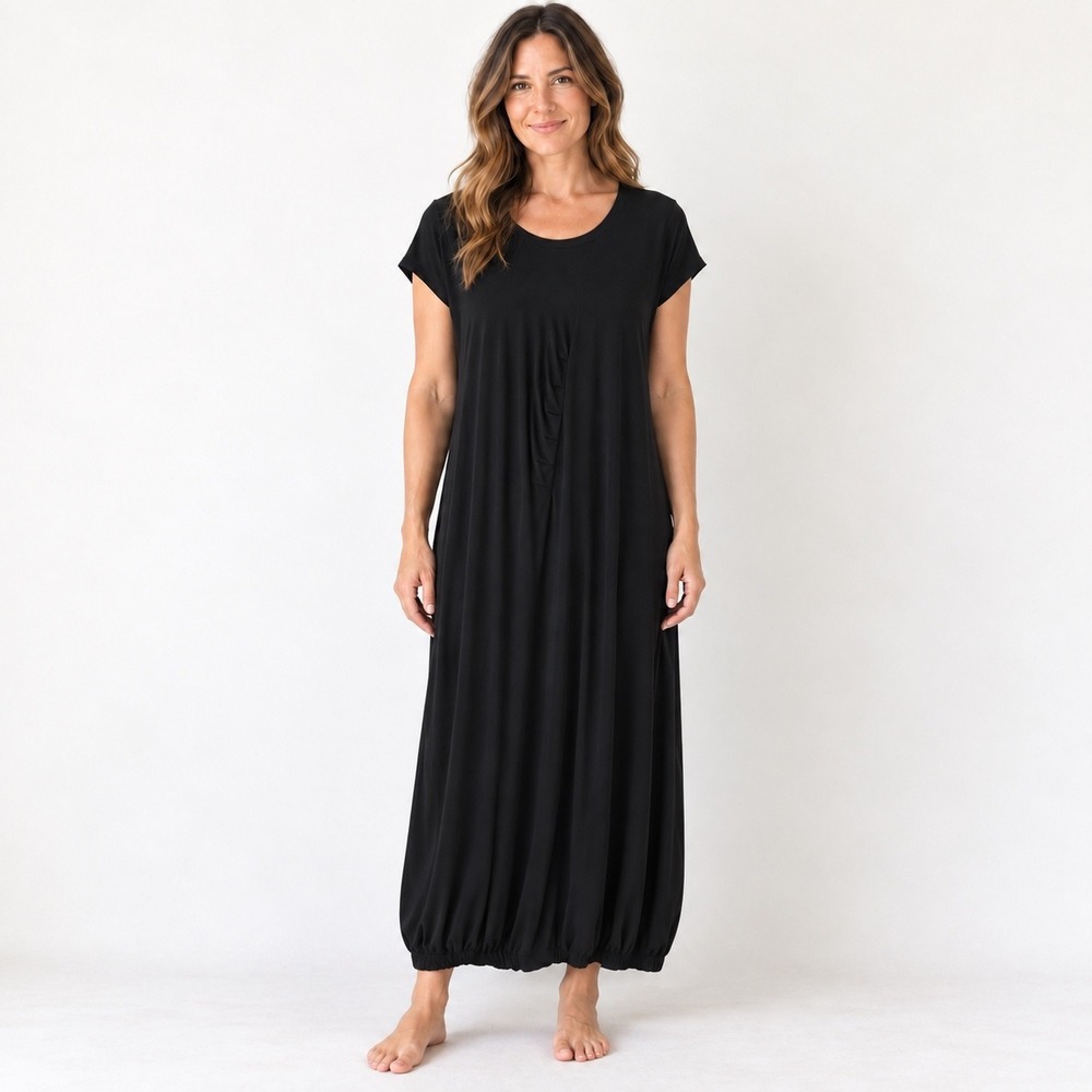 Rina Zin Bubble Hem Midi Dress Womens 2 Black Lagenlook Avant Garde Pleated